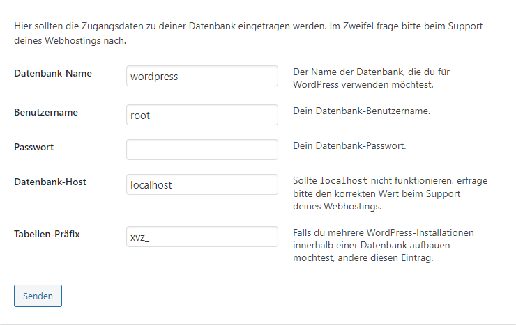 WordPress Installation - Benutzer festlegen