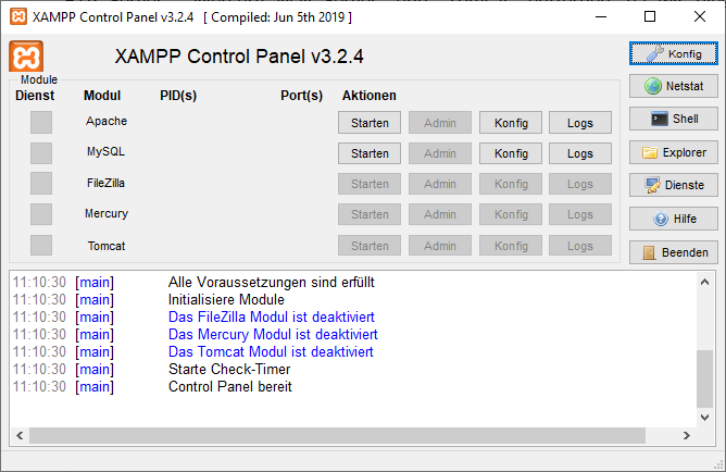 Das XAMPP Control Panel c3.2.4