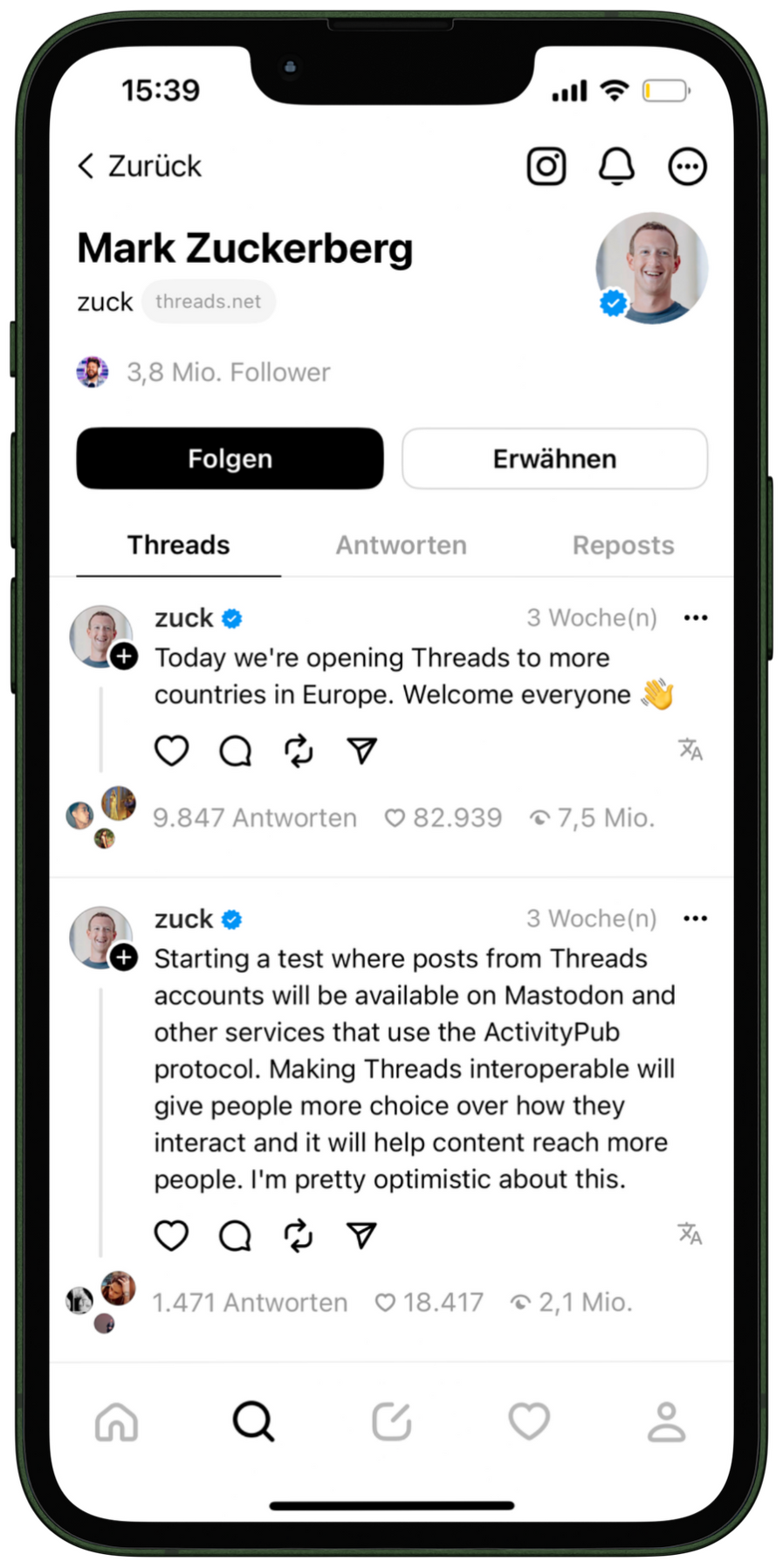 Threads Profilansicht von Mark Zuckerberg