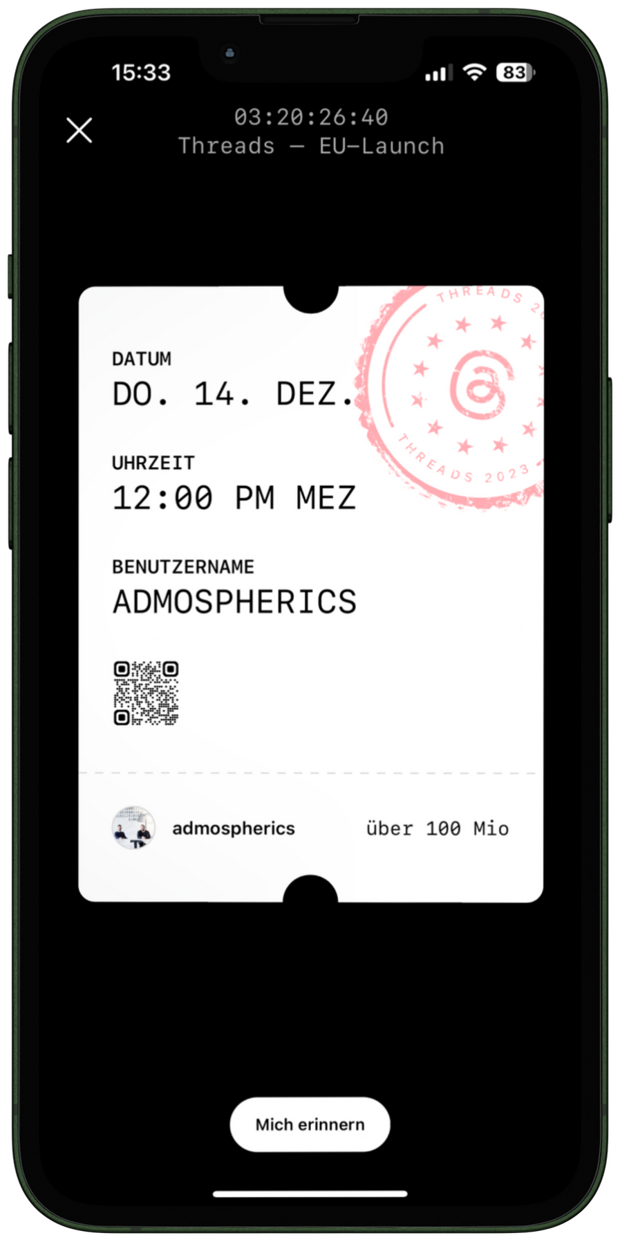 Virtuelles Ticket zum EU-Start von Threads in der Instagram App.
