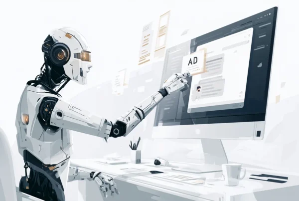Roboter fügt eine Werbeanzeige in einen Chat auf einem Computerbildschirm ein