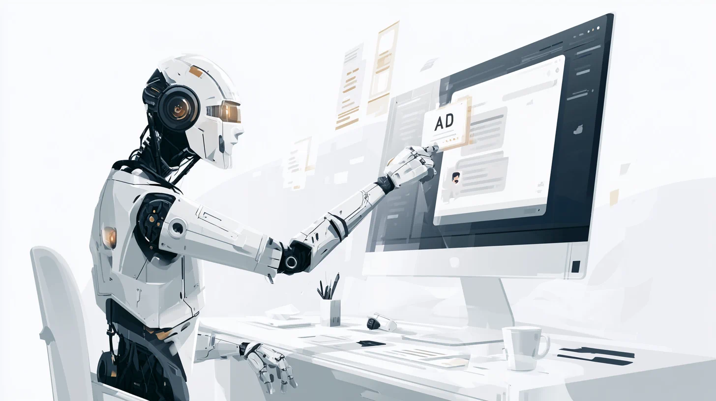 Roboter fügt eine Werbeanzeige in einen Chat auf einem Computerbildschirm ein